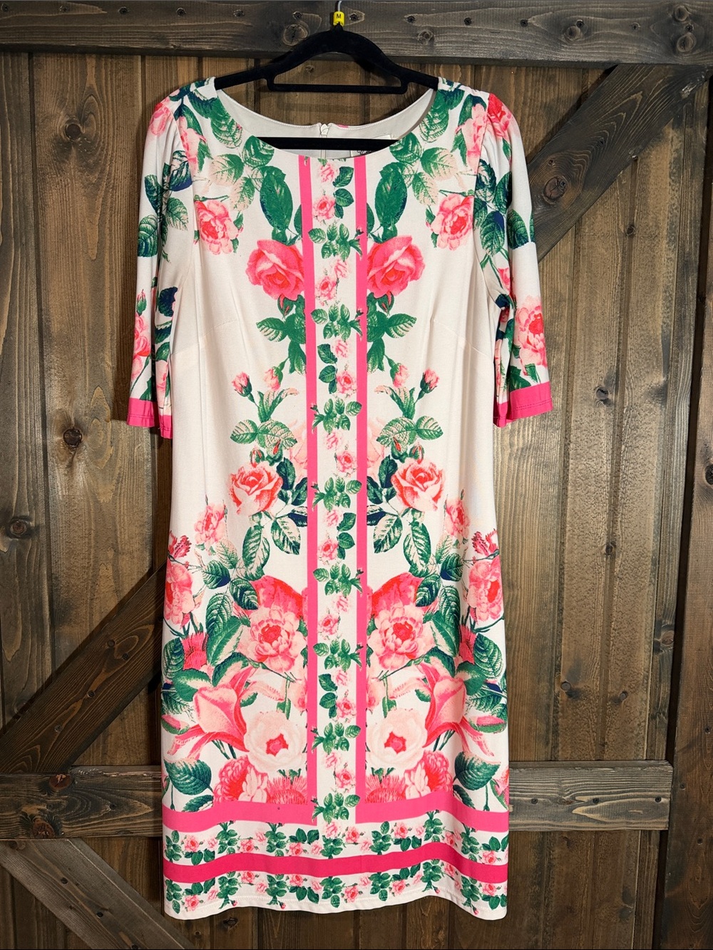 Eliza J Cream Dress with Pink Stripe & Green Floral Print